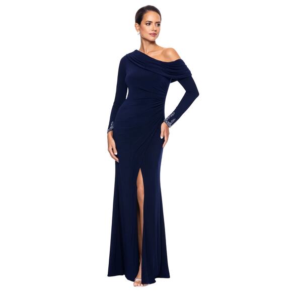 Betsy & Adam "Chrishell" Long Jersey Knit Off the Shoulder Gown Navy Size 8 NWT - Picture 2 of 13